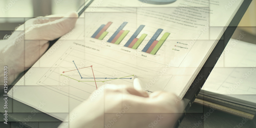 Businessman analysing economic graphs, geometric pattern Businessman analysing economic graphs, geometric pattern