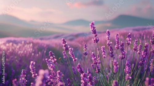 A close-up of a blooming lavender field in the spring, with a bee pollinating the purple flowers and soft hills in the background.