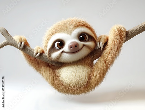 Cute cartoon sloth hanging from branch studio setting digital art