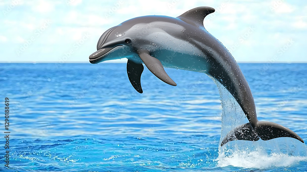 Fototapeta premium Cute Animated Dolphin Leaping in Ocean Style Art