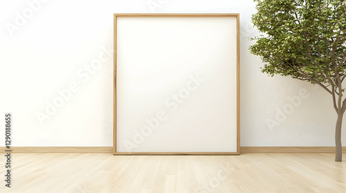 Blank poster frame in minimalist room, plant beside. Interior design mockup