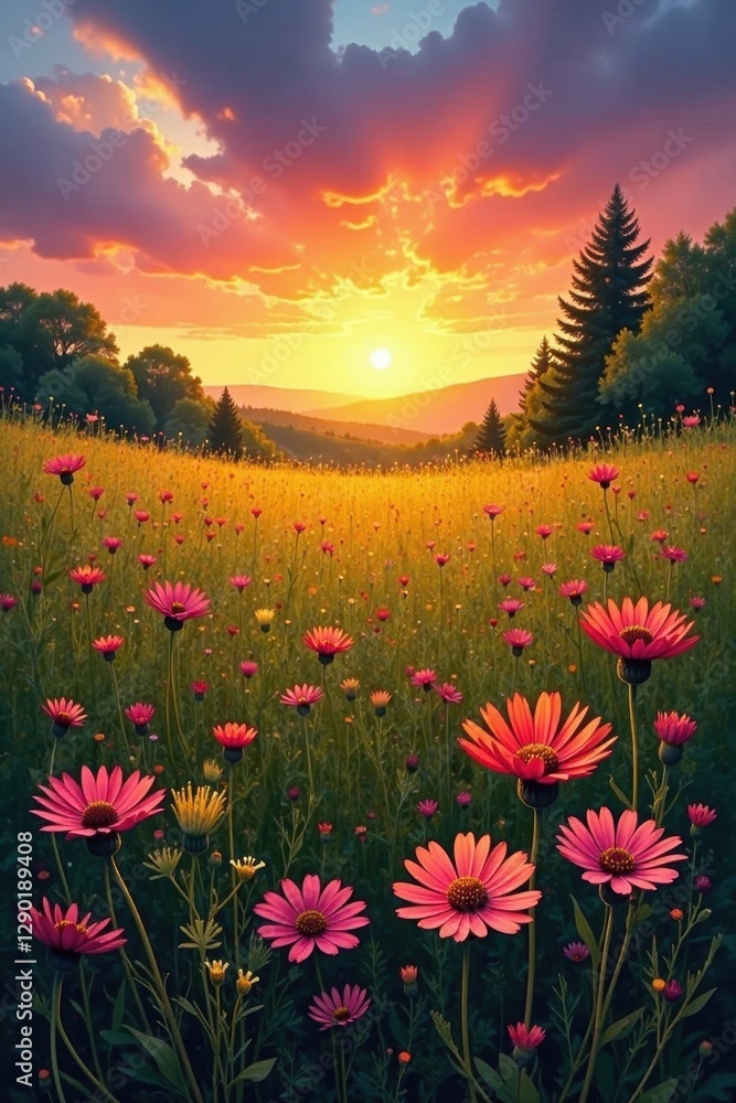 Sun dips below horizon, painting wildflowers with warm hues , peaceful scene, plants, botanical Sun dips below horizon, painting wildflowers with warm hues , peaceful scene, plants, botanical