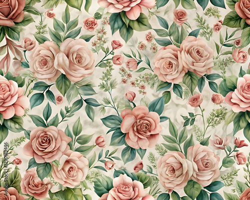 Watercolor Pink Roses Floral Pattern. Seamless Design