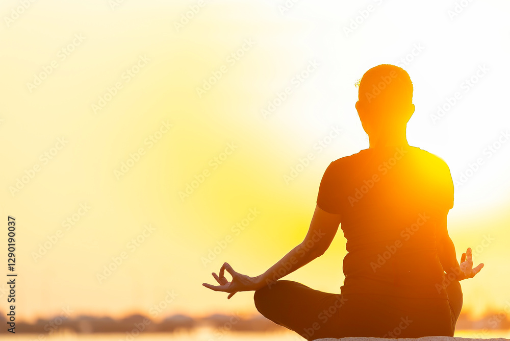 Silhouette lifestyle woman yoga exercise for healthy life.  People pose balance body vital zen and meditation workout and fitness sport outdoor sunset near the beach