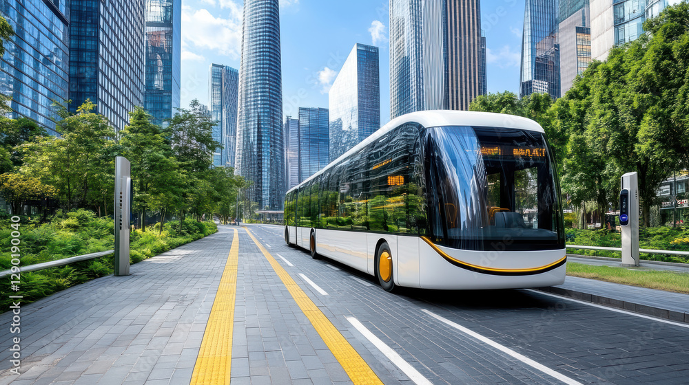 Obraz premium Futuristic electric bus traveling through smart city with tall buildings