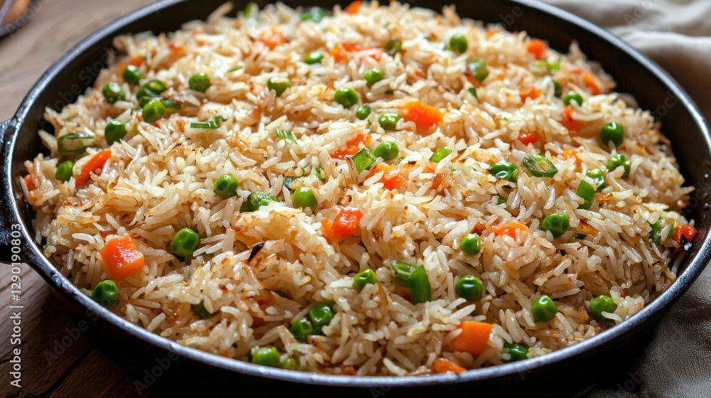 Close up of a pan of cooked rice with vegetables, perfect for a tasty and healthy meal. Close up of a pan of cooked rice with vegetables, perfect for a tasty and healthy meal.