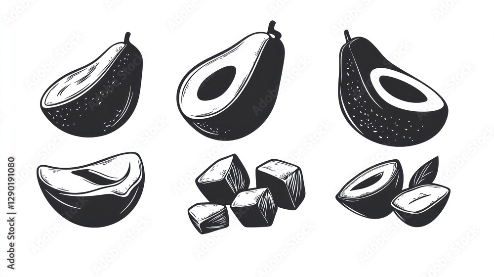 Obraz premium Avocado sketches whole, sliced, and diced, on white background. For food art