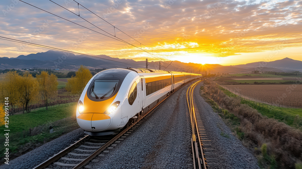 Naklejka premium high speed train travels through scenic landscape at sunset