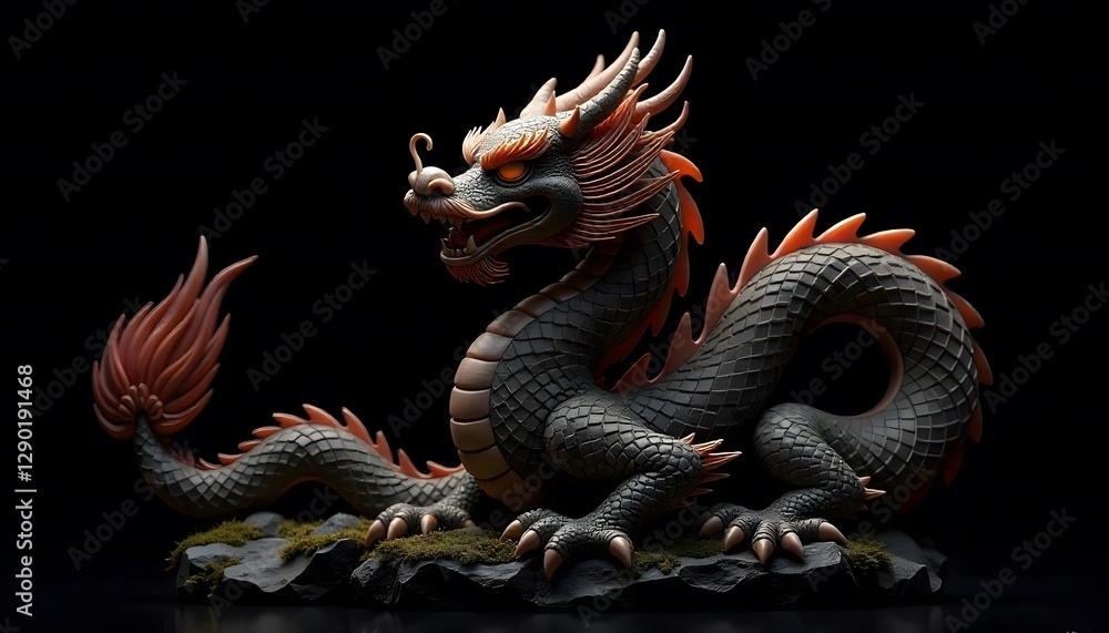 Obraz premium Chinese dragon on a black background. Generative AI Illistration of ancient asian dragon on black background.