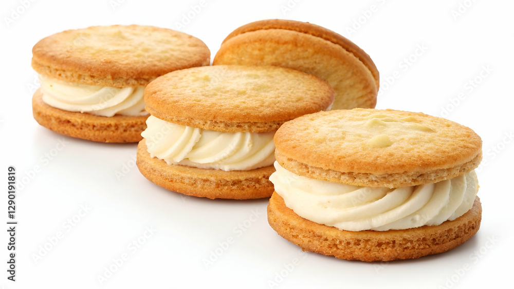 Golden-brown biscuits filled with rich cream, neatly arranged on a white background, perfect for bakery promotions and advertising. Golden-brown biscuits filled with rich cream, neatly arranged on a white background, perfect for bakery promotions and advertising.