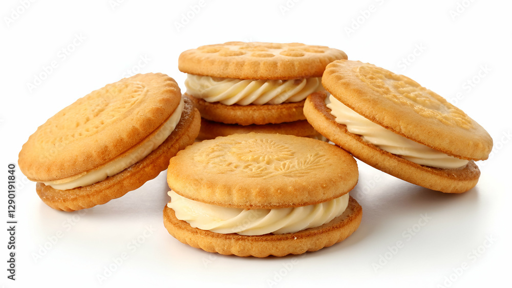 Golden-brown biscuits filled with rich cream, neatly arranged on a white background, perfect for bakery promotions and advertising. Golden-brown biscuits filled with rich cream, neatly arranged on a white background, perfect for bakery promotions and advertising.