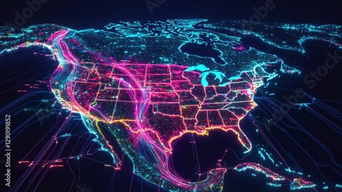 North American Digital Network Map Futuristic Abstract Visualization of Data Flow and Connectivity