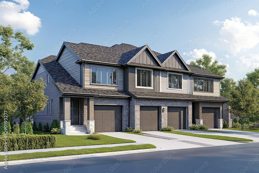 A digital architectural visualization of a modern urban townhouse with a built-in garage and driveway. A digital architectural visualization of a modern urban townhouse with a built-in garage and driveway.