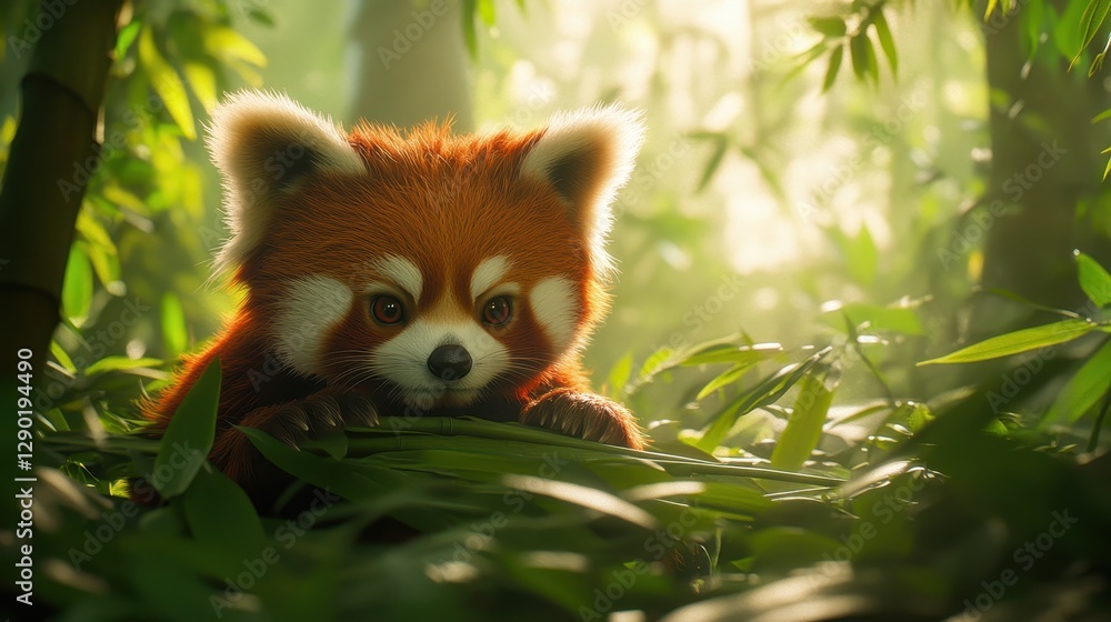 Adorable Red Panda in Lush Green Bamboo Forest with Sunlight Filtering Through Leaves Adorable Red Panda in Lush Green Bamboo Forest with Sunlight Filtering Through Leaves