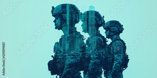 Group of soldiers overlaid with a cityscape in teal tones photo