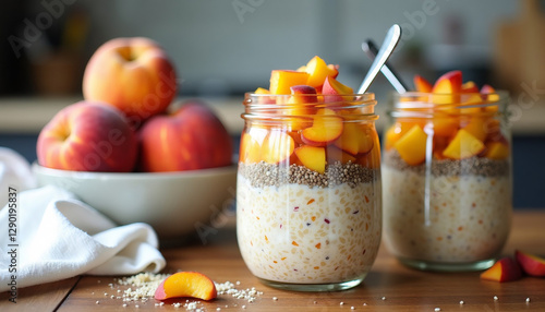 Two jars of peach overnight oats with a bowl of whole peaches on a wooden table, white linen napkin on the side