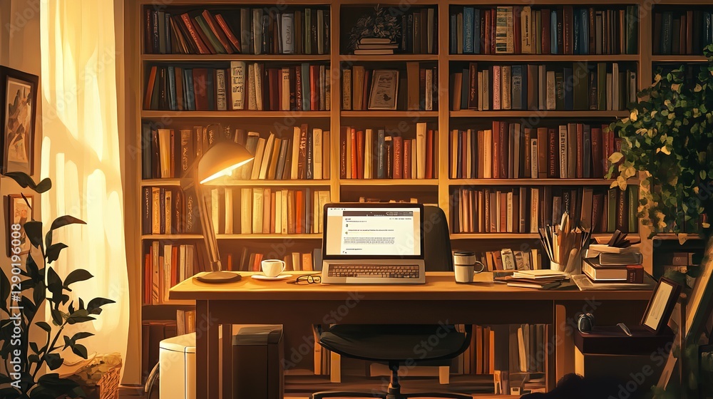 A Warm and Inviting Home Computer Setup with a Wooden Desk, Plant Life, and Soft Ambient Lighting. A Warm and Inviting Home Computer Setup with a Wooden Desk, Plant Life, and Soft Ambient Lighting.