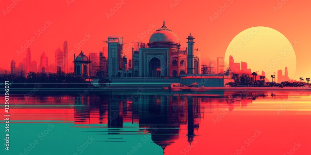 Fototapeta premium Taj mahal reflected over water with a sunset backdrop