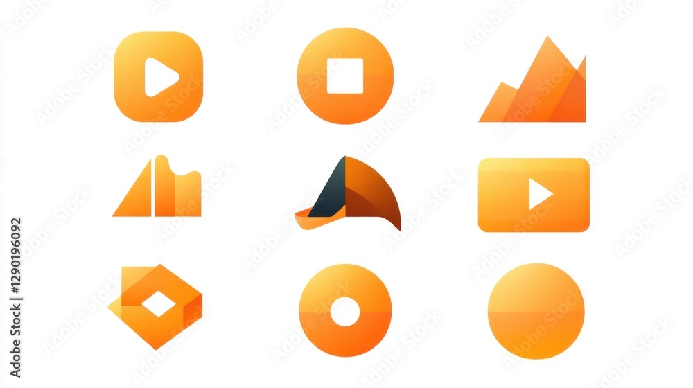 Orange Modern Flat Media Icon Set on White Background for Website and App UI Kit