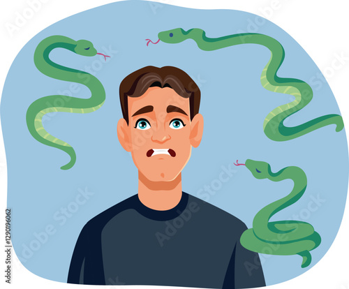 Man with Exaggerated Fear of Reptiles Vector Illustration. Anxious guy having a panic attack thinking of snakes  


