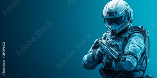 Futuristic soldier stands ready holding weapon against blue background