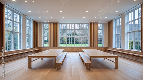 Light-filled dining hall, wooden tables, garden view, school interior, education
