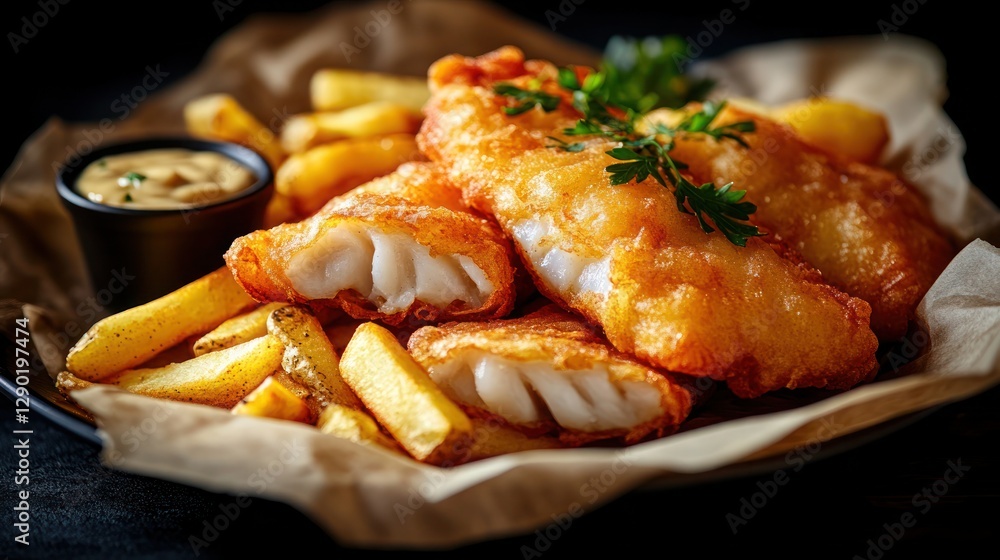 a plate of traditional fish and chips with golden, crispy battered cod fillet fish, thick-cut fries, and a side of tartar sauce a plate of traditional fish and chips with golden, crispy battered cod fillet fish, thick-cut fries, and a side of tartar sauce
