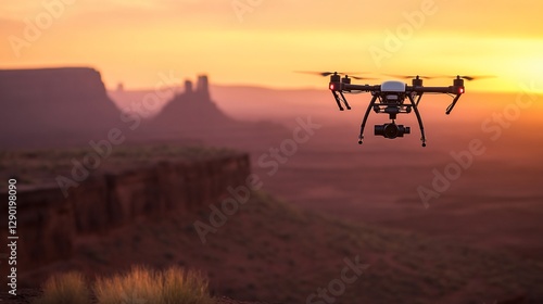 Drone filming scenic sunrise over desert landscape.
