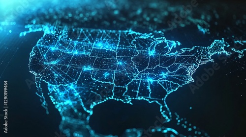 Futuristic Digital Map of the United States Network Connections and Data Flow