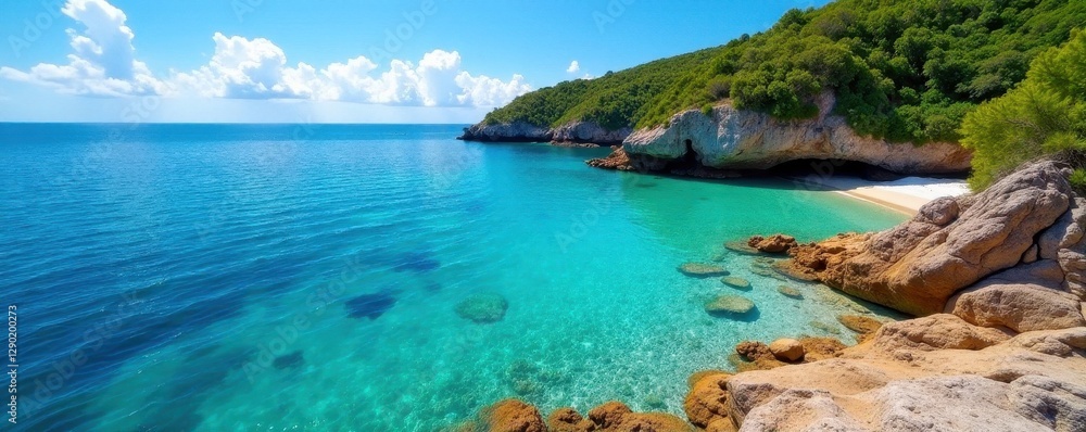 Fototapeta premium Secluded cove, vibrant coral reef visible from shore, escape, calm, scenic