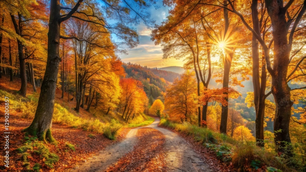 Naklejka premium Scenic autumn landscape with vibrant trees and golden sunlight