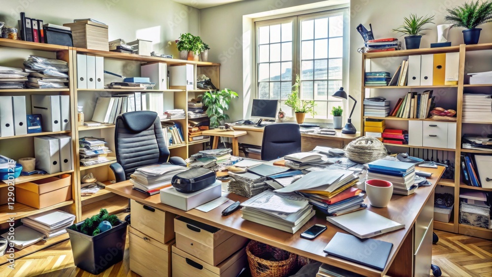 Organized Chaos in a Home Office with Books and Paperwork Organized Chaos in a Home Office with Books and Paperwork