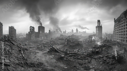 Fototapeta Naklejka Na Ścianę i Meble -  Post-apocalyptic city ruins, smoke, desolation