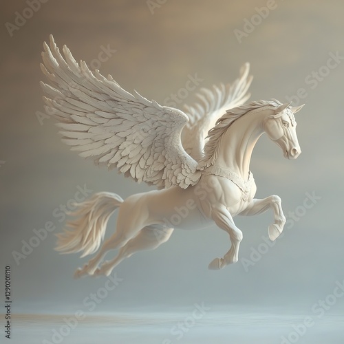 Mythical horse in flight, ethereal sky background