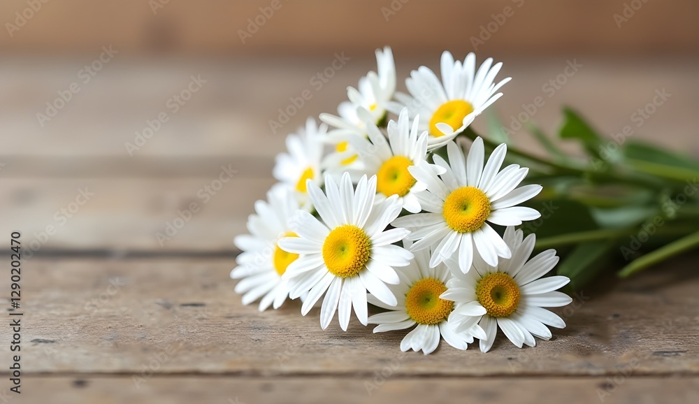 Obraz premium A bunch of white daisies resting on a rustic wooden background with soft lighting