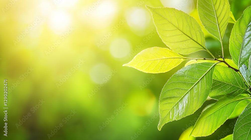 Closeup of Vibrant Green Leaves with Sunlight and Dew Drops Closeup of Vibrant Green Leaves with Sunlight and Dew Drops
