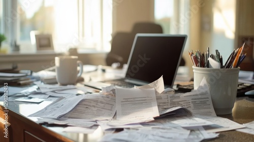 Wallpaper Mural Retirement financial stress in a clean home office. Featuring contemplation and worry Torontodigital.ca