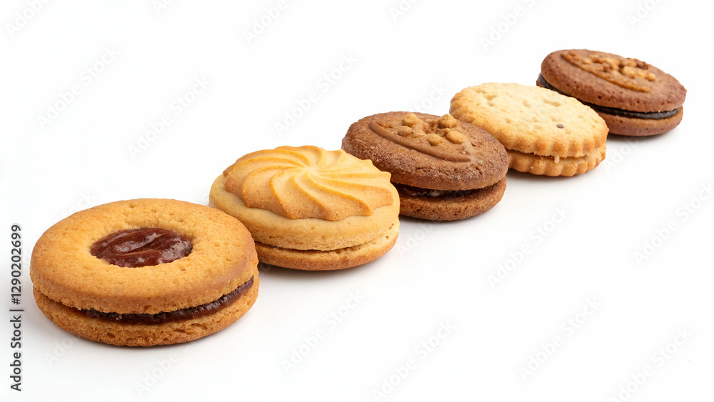 Five whole sweet cookies placed on a white background. Five whole sweet cookies placed on a white background.