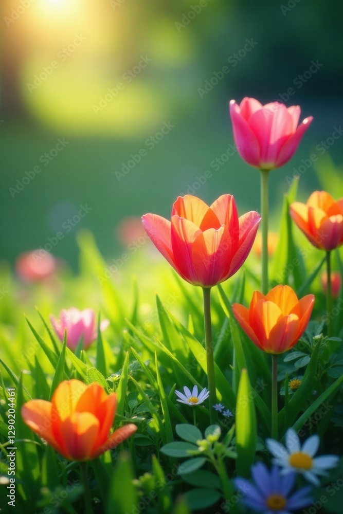 Vibrant blooms burst in rainbow hues across lush green grass , blooming, nature Vibrant blooms burst in rainbow hues across lush green grass , blooming, nature