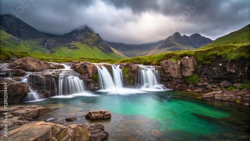 Serene Waterfall Cascading into Crystal Clear Pool Surrounded by Lush Green Mountains