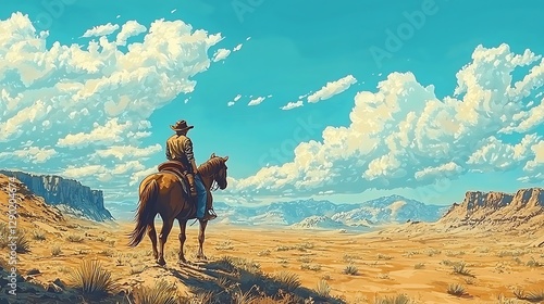 Cowboy on Horseback in Desert Landscape.