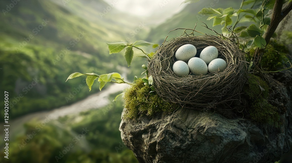 Close up of a bird nest with eggs on a rock in a forest. The concept of new life, growth, and nature. Close up of a bird nest with eggs on a rock in a forest. The concept of new life, growth, and nature.
