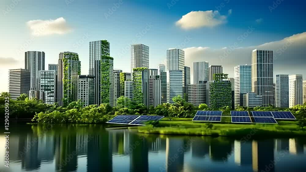 A futuristic cityscape with green buildings and solar panels by a serene body of water. A futuristic cityscape with green buildings and solar panels by a serene body of water.