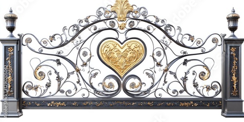 Ornate wrought iron garden gate with gold heart and flourishes