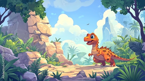 Fototapeta Naklejka Na Ścianę i Meble -  Adorable Baby Dinosaur in Prehistoric Jungle Landscape.