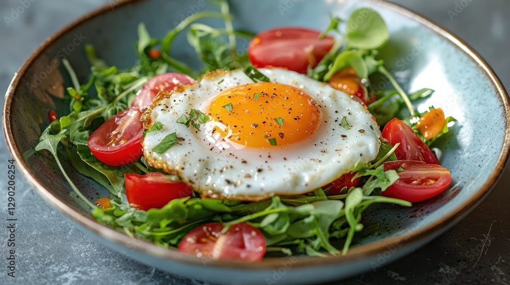 A healthy and delicious breakfast with a fried egg, cherry tomatoes, and arugula A healthy and delicious breakfast with a fried egg, cherry tomatoes, and arugula