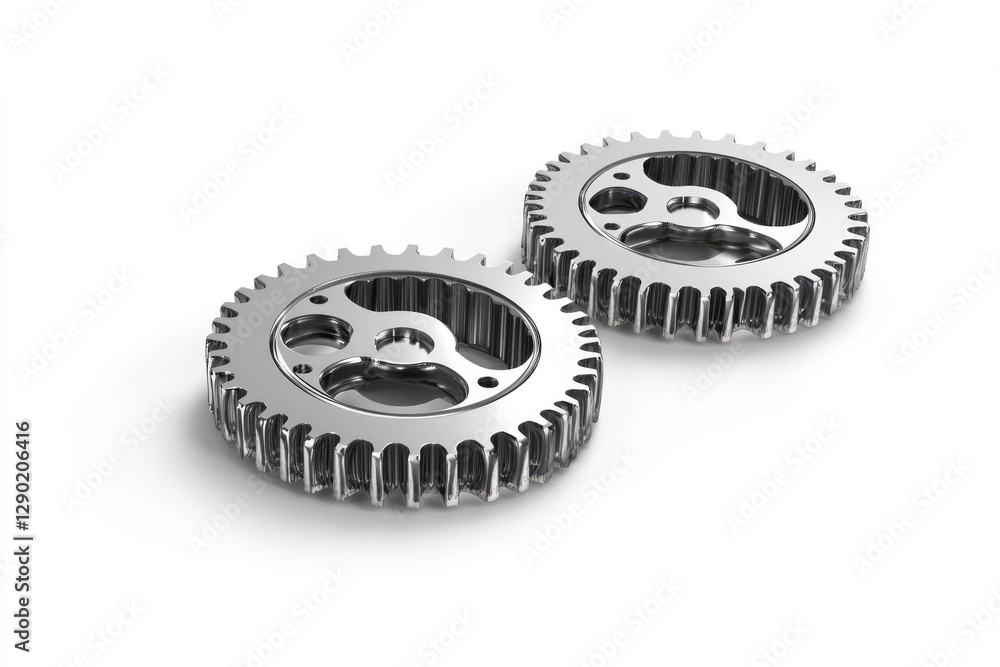 Two Shiny Gears Laying Near Each Other On A White Surface Two Shiny Gears Laying Near Each Other On A White Surface