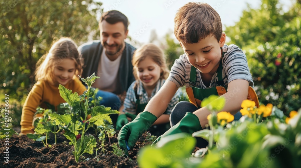 Parents and kids teamwork, smiling while gardening in the sunshine Parents and kids teamwork, smiling while gardening in the sunshine