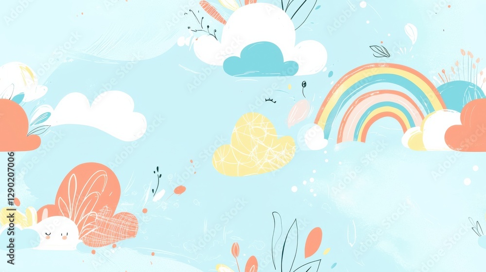 Hand drawn seamless pattern with cute clouds, rainbow and flowers on blue background. Perfect for kids, baby, nursery, textile, wallpaper. Hand drawn seamless pattern with cute clouds, rainbow and flowers on blue background. Perfect for kids, baby, nursery, textile, wallpaper.