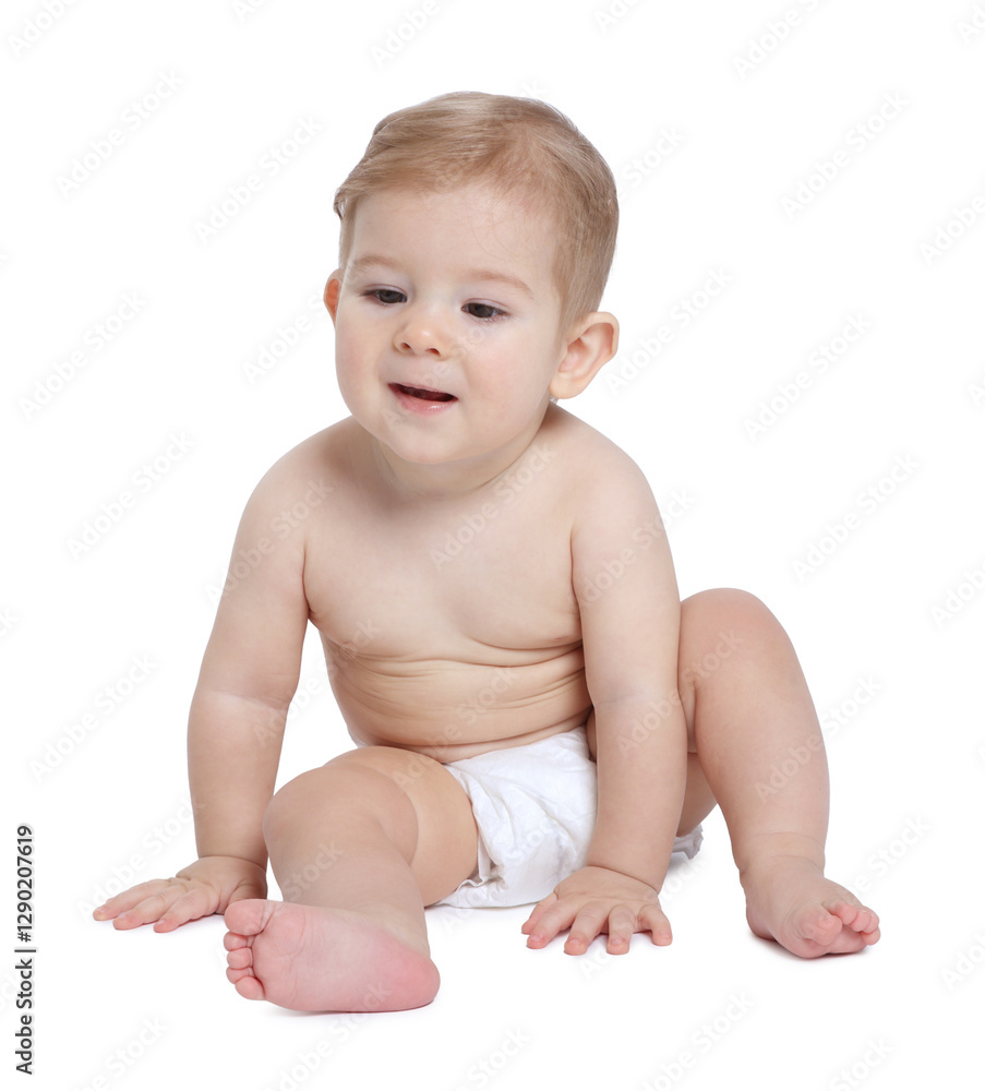 Cute little baby sitting on white background Cute little baby sitting on white background